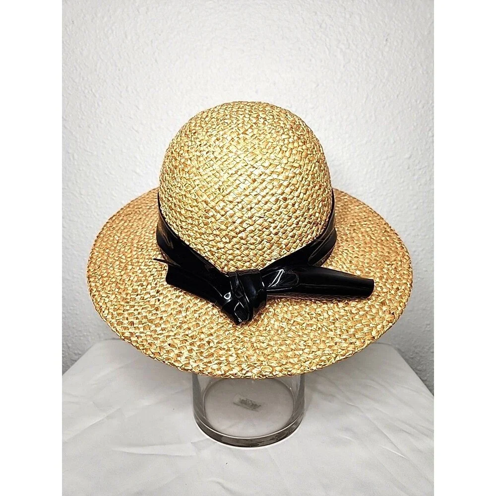 Straw Hat With Patent Black Leather Band Women's
